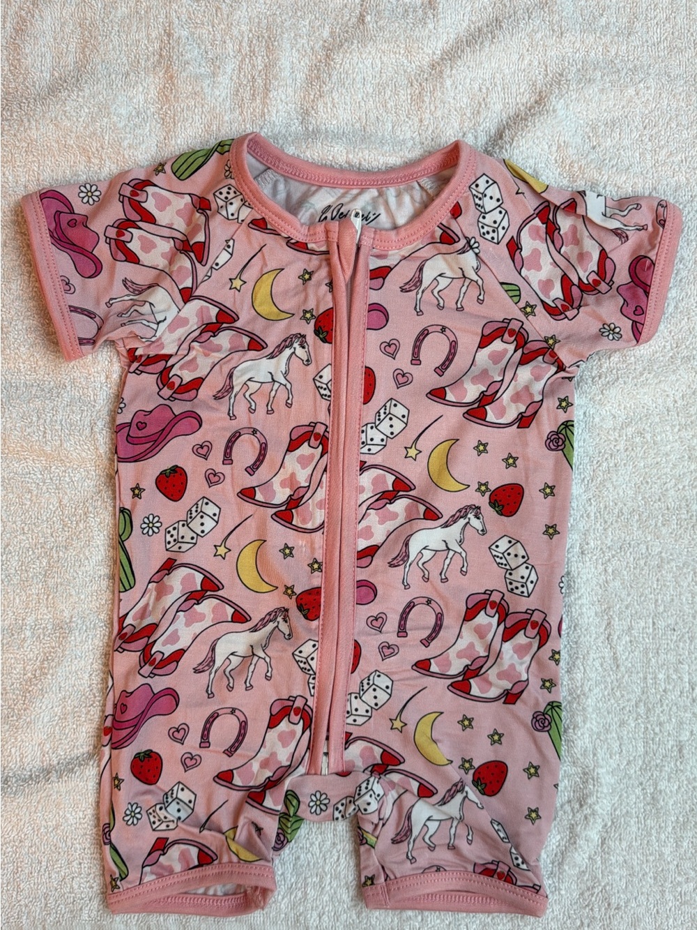 BAMBOO Pink Short-Sleeve Unicorn & Cowgirl Boot Print Pajama Romper